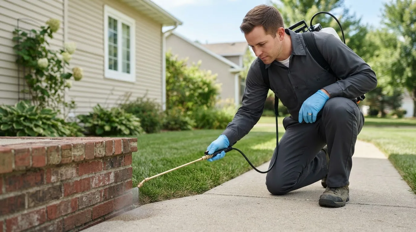 Pest control technician treating a home near Melrose, IA