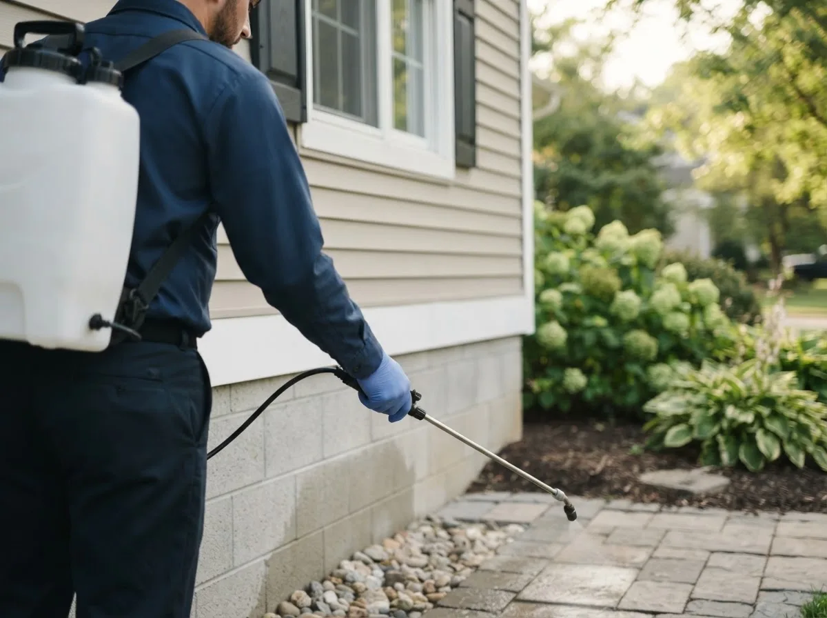 Pest control technician inspecting a home in Melrose, IA